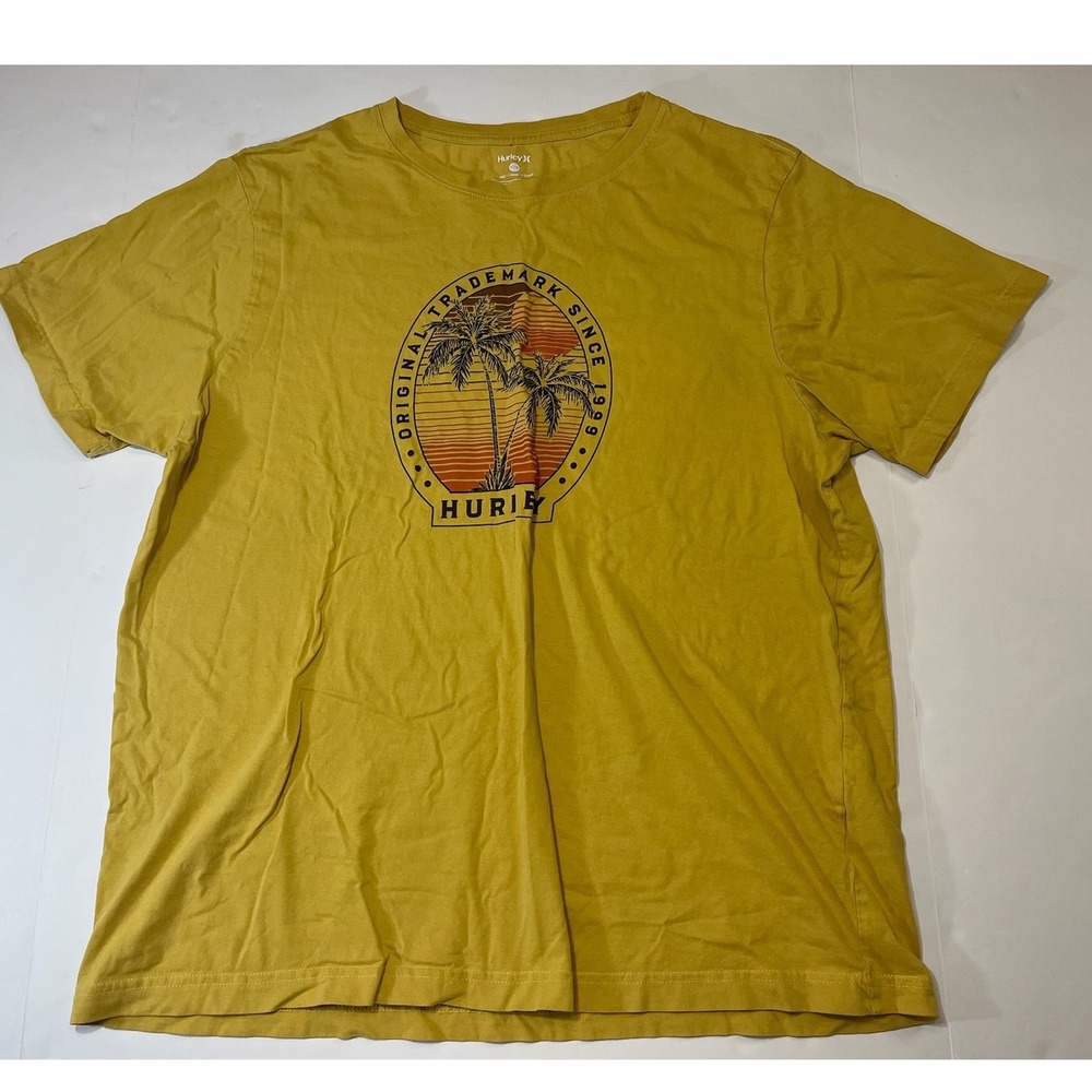 Hurley Graphic T-Shirt Mens XL Yellow Palm Tree Sunset‎ Surf Cotton Tee Coastal